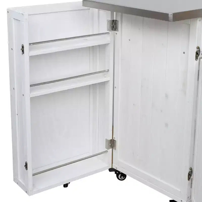 Îlot de cuisine d'extérieur en bois de sapin avec rangement, chariot de cuisine roulant verrouillable avec plateau en acier inoxydable, porte-serviettes et porte-épices pour patio/cuisine - ModernLuxe