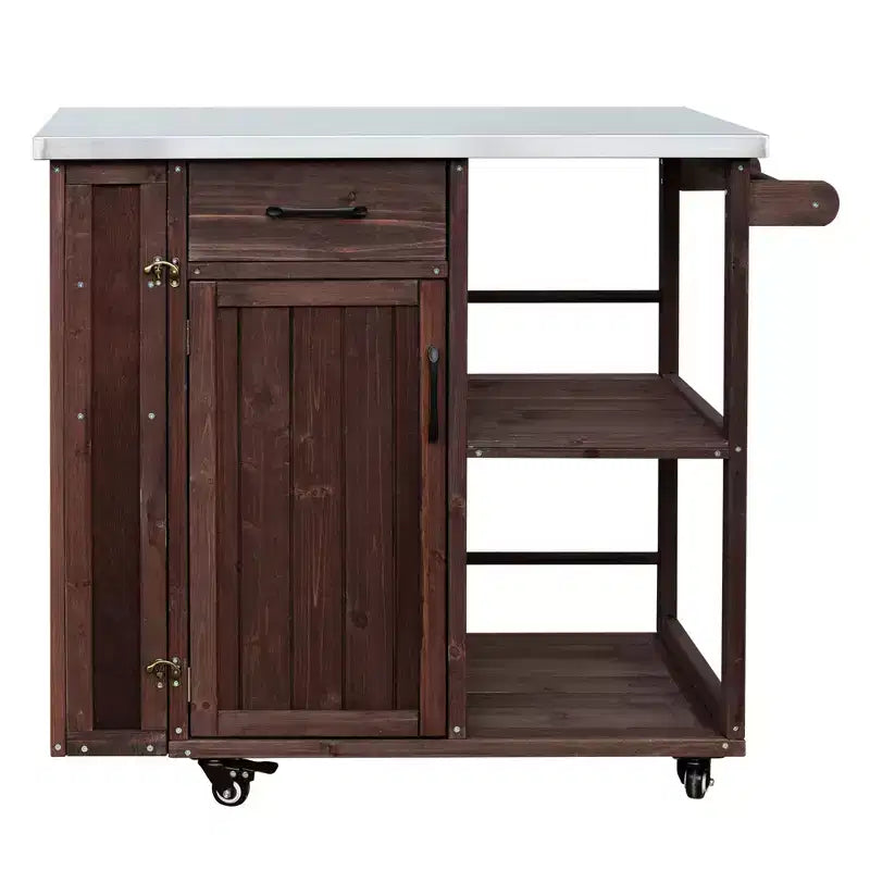 Îlot de cuisine d'extérieur en bois de sapin avec rangement, chariot de cuisine roulant verrouillable avec plateau en acier inoxydable, porte-serviettes et porte-épices pour patio/cuisine - ModernLuxe