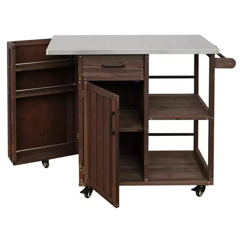 Îlot de cuisine d'extérieur en bois de sapin avec rangement, chariot de cuisine roulant verrouillable avec plateau en acier inoxydable, porte-serviettes et porte-épices pour patio/cuisine - ModernLuxe