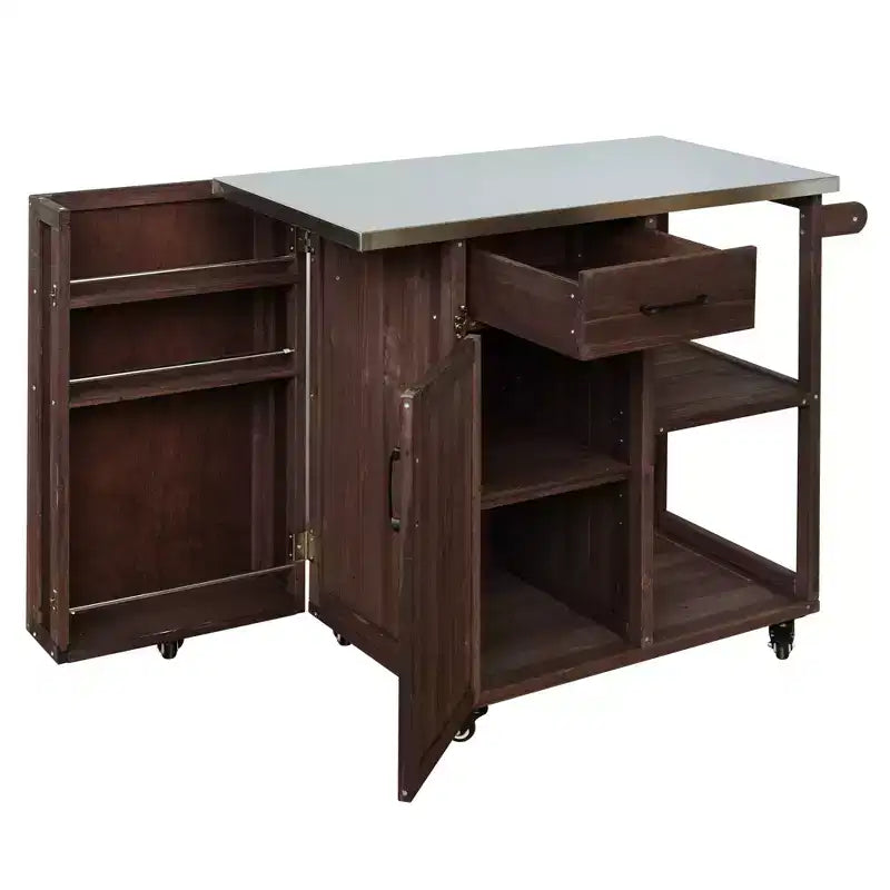 Îlot de cuisine d'extérieur en bois de sapin avec rangement, chariot de cuisine roulant verrouillable avec plateau en acier inoxydable, porte-serviettes et porte-épices pour patio/cuisine - ModernLuxe