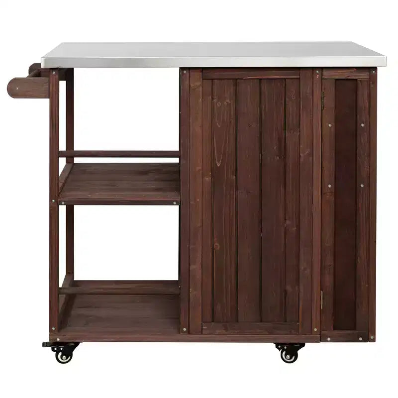 Îlot de cuisine d'extérieur en bois de sapin avec rangement, chariot de cuisine roulant verrouillable avec plateau en acier inoxydable, porte-serviettes et porte-épices pour patio/cuisine - ModernLuxe