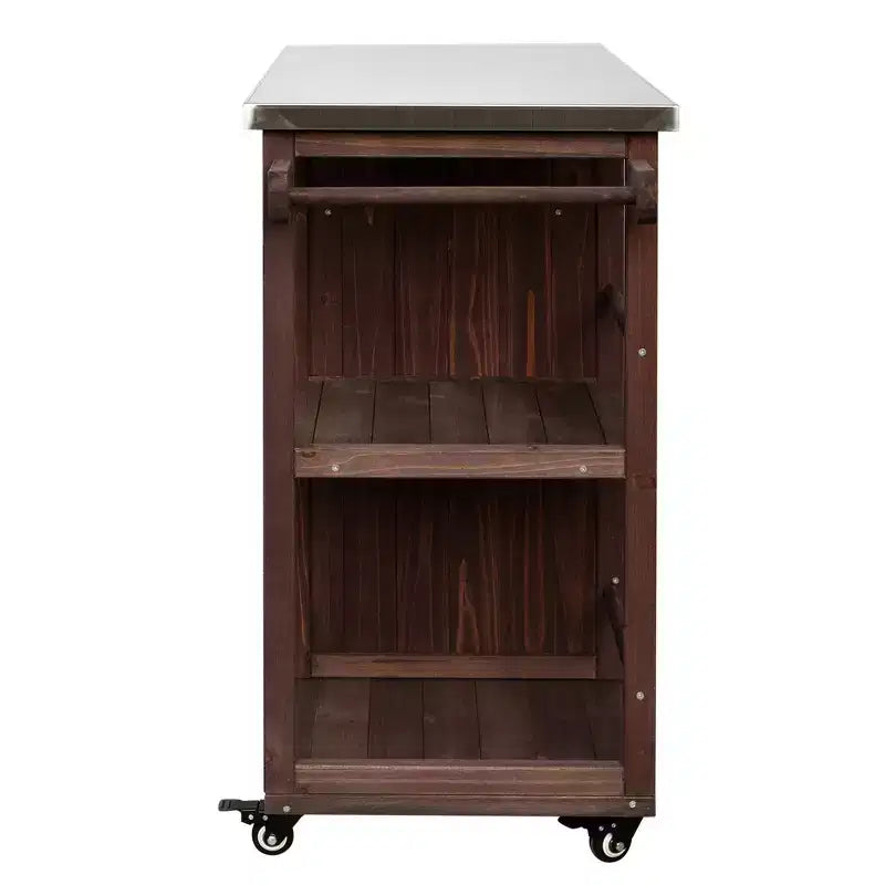 Îlot de cuisine d'extérieur en bois de sapin avec rangement, chariot de cuisine roulant verrouillable avec plateau en acier inoxydable, porte-serviettes et porte-épices pour patio/cuisine - ModernLuxe
