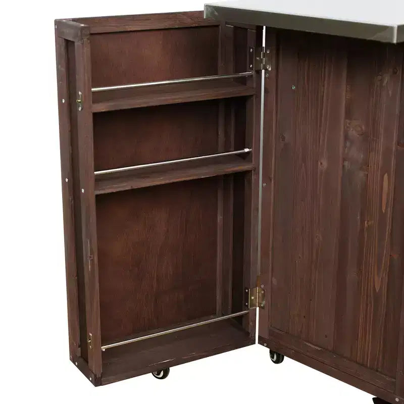 Îlot de cuisine d'extérieur en bois de sapin avec rangement, chariot de cuisine roulant verrouillable avec plateau en acier inoxydable, porte-serviettes et porte-épices pour patio/cuisine - ModernLuxe