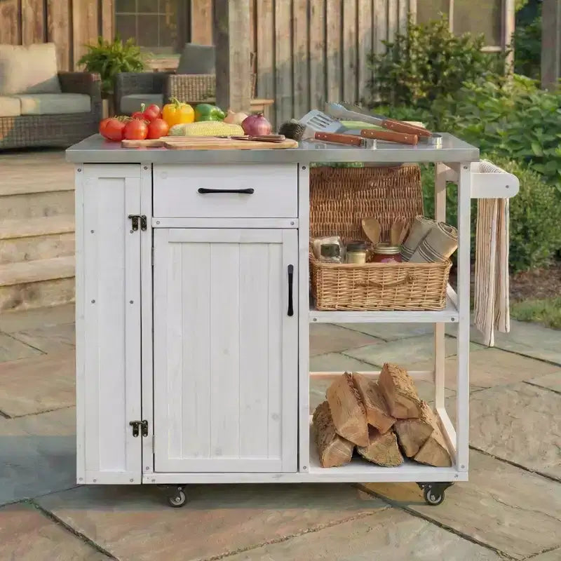 Îlot de cuisine d'extérieur en bois de sapin avec rangement, chariot de cuisine roulant verrouillable avec plateau en acier inoxydable, porte-serviettes et porte-épices pour patio/cuisine - ModernLuxe