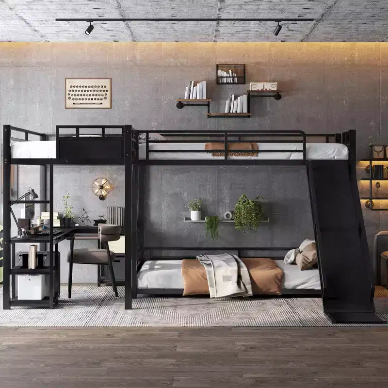 Lit superposé triple en L GDFStudio Urban en métal avec toboggan et bureau