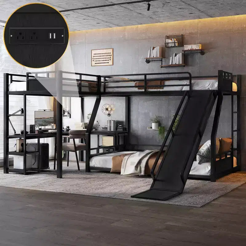 Lit superposé triple en L GDFStudio Urban en métal avec toboggan et bureau