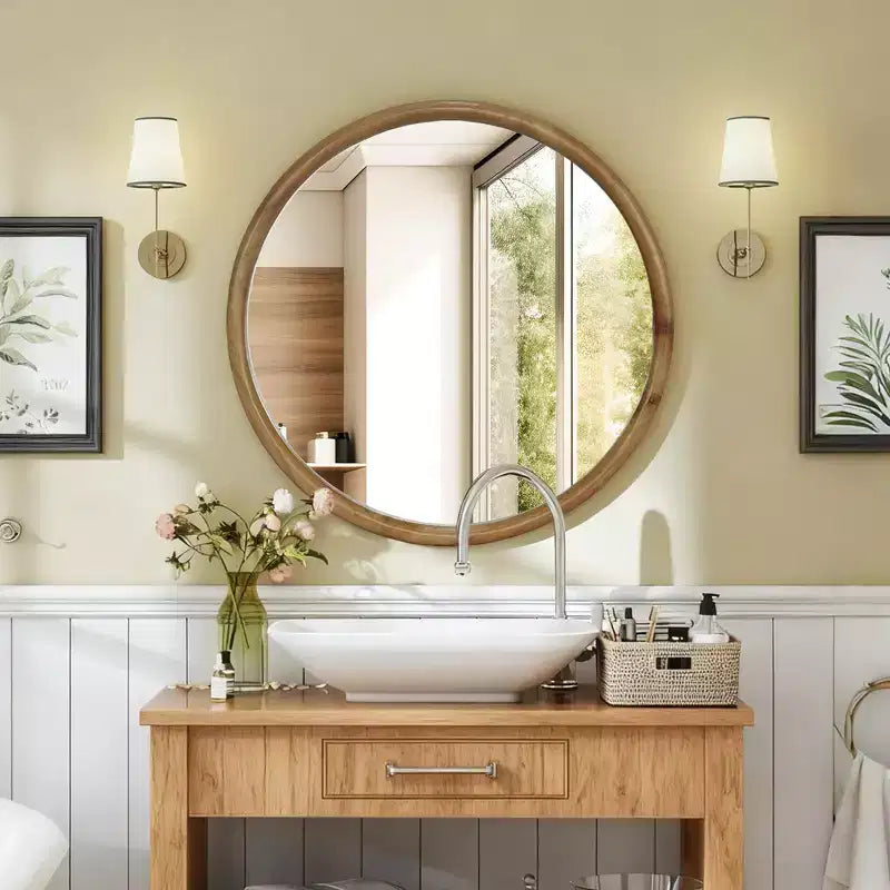 Miroir mural décoratif rond en bois naturel Whisen, miroir mural rustique moderne du milieu du siècle pour salle de bain entrée - Bois naturel