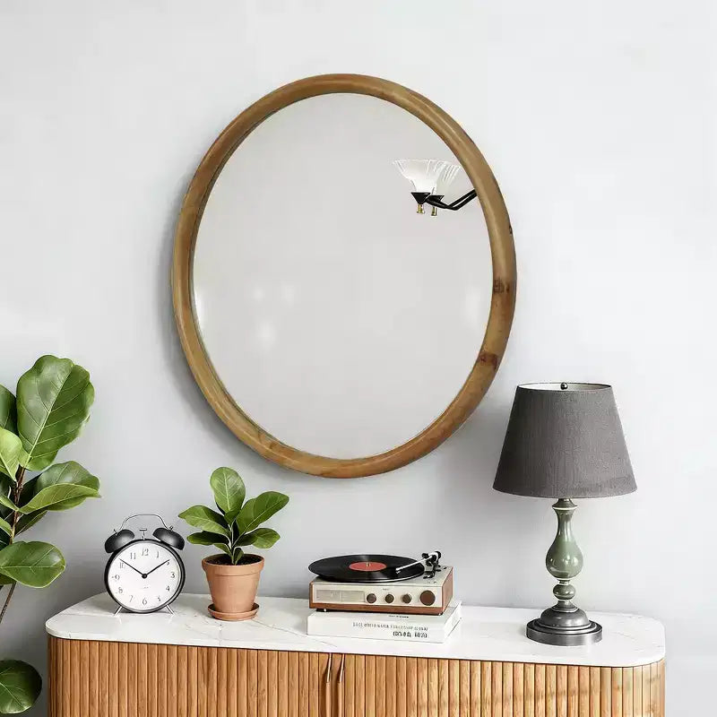 Miroir mural décoratif rond en bois naturel Whisen, miroir mural rustique moderne du milieu du siècle pour salle de bain entrée - Bois naturel