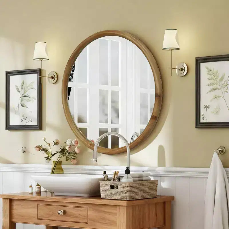 Miroir mural décoratif rond en bois naturel Whisen, miroir mural rustique moderne du milieu du siècle pour salle de bain entrée - Bois naturel