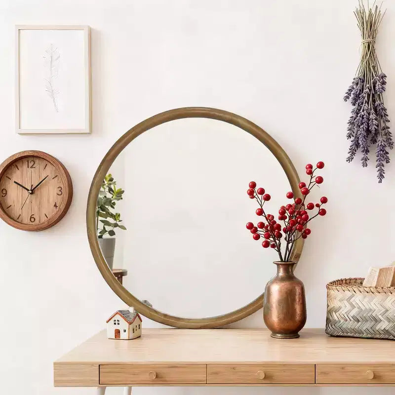 Miroir mural décoratif rond en bois naturel Whisen, miroir mural rustique moderne du milieu du siècle pour salle de bain entrée - Bois naturel