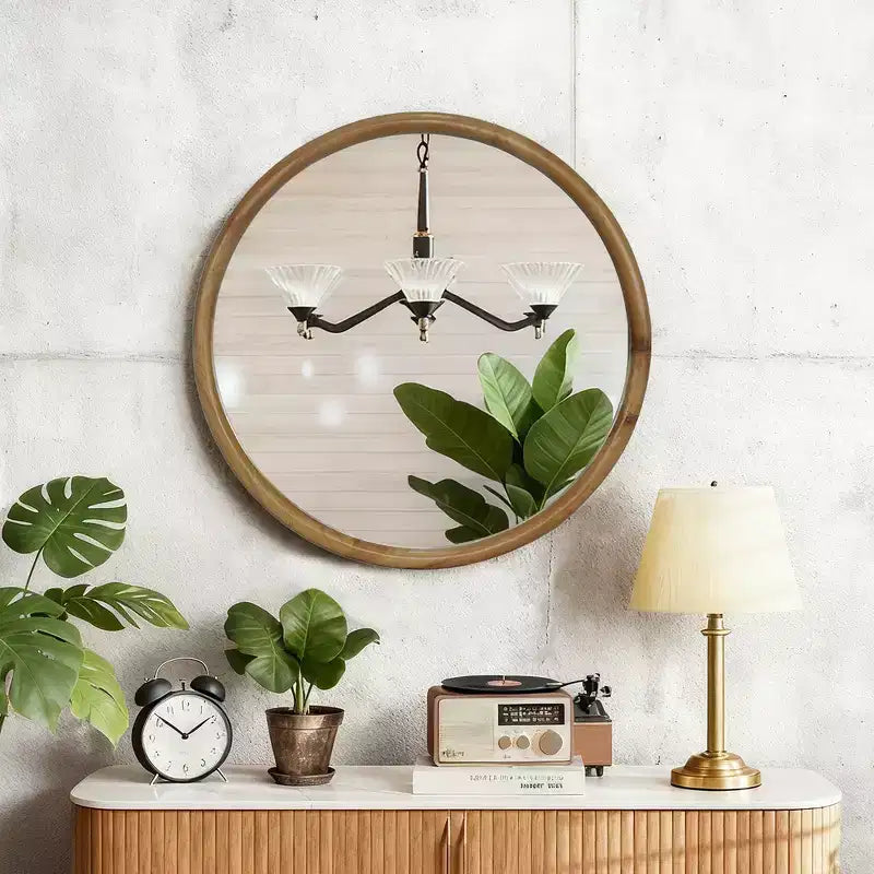 Miroir mural décoratif rond en bois naturel Whisen, miroir mural rustique moderne du milieu du siècle pour salle de bain entrée - Bois naturel