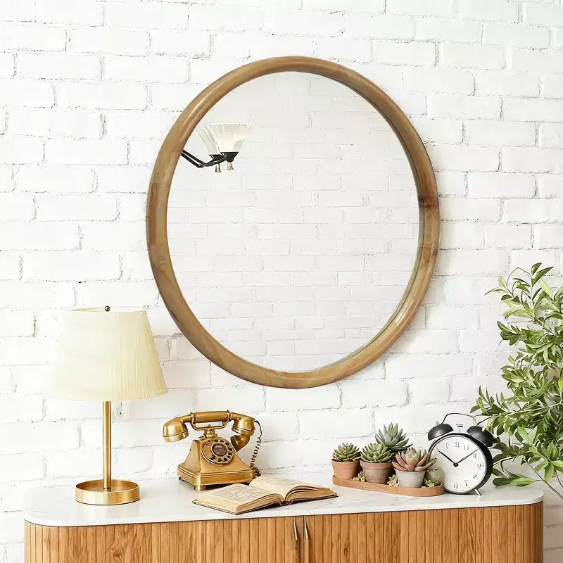 Miroir mural décoratif rond en bois naturel Whisen, miroir mural rustique moderne du milieu du siècle pour salle de bain entrée - Bois naturel
