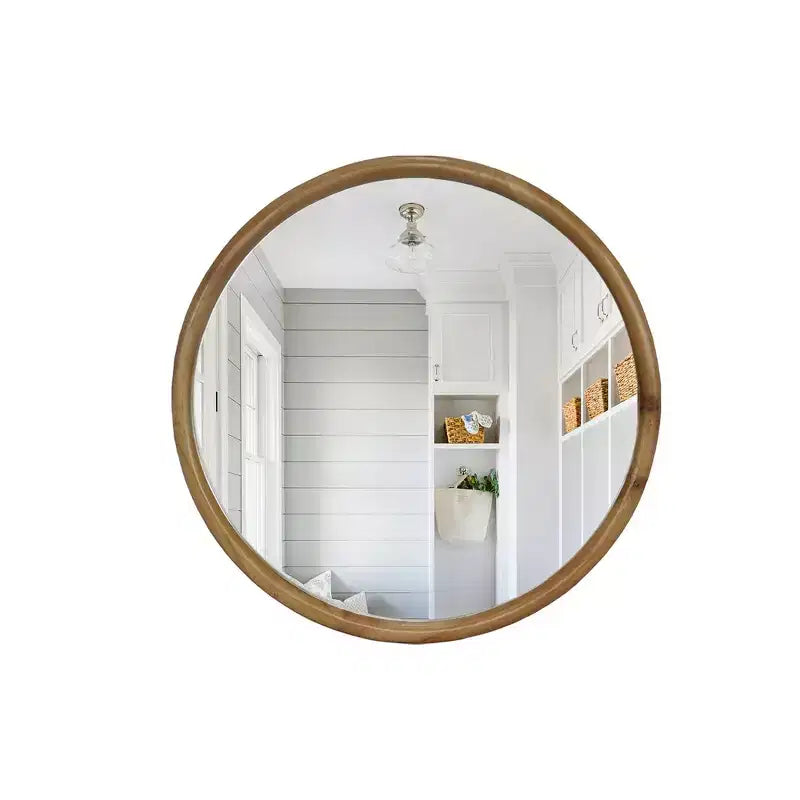 Miroir mural décoratif rond en bois naturel Whisen, miroir mural rustique moderne du milieu du siècle pour salle de bain entrée - Bois naturel