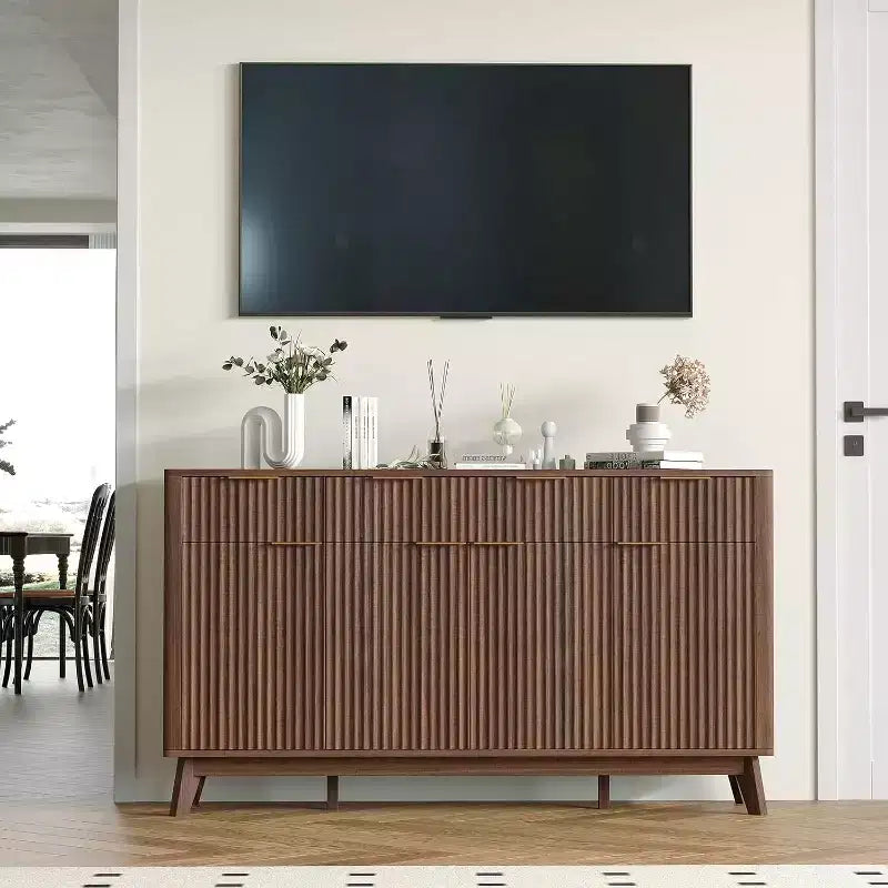 Meuble buffet de ferme de 152 cm, avec tiroirs de rangement, étagères réglables, meuble de rangement cannelé en bois, pour salon, cuisine