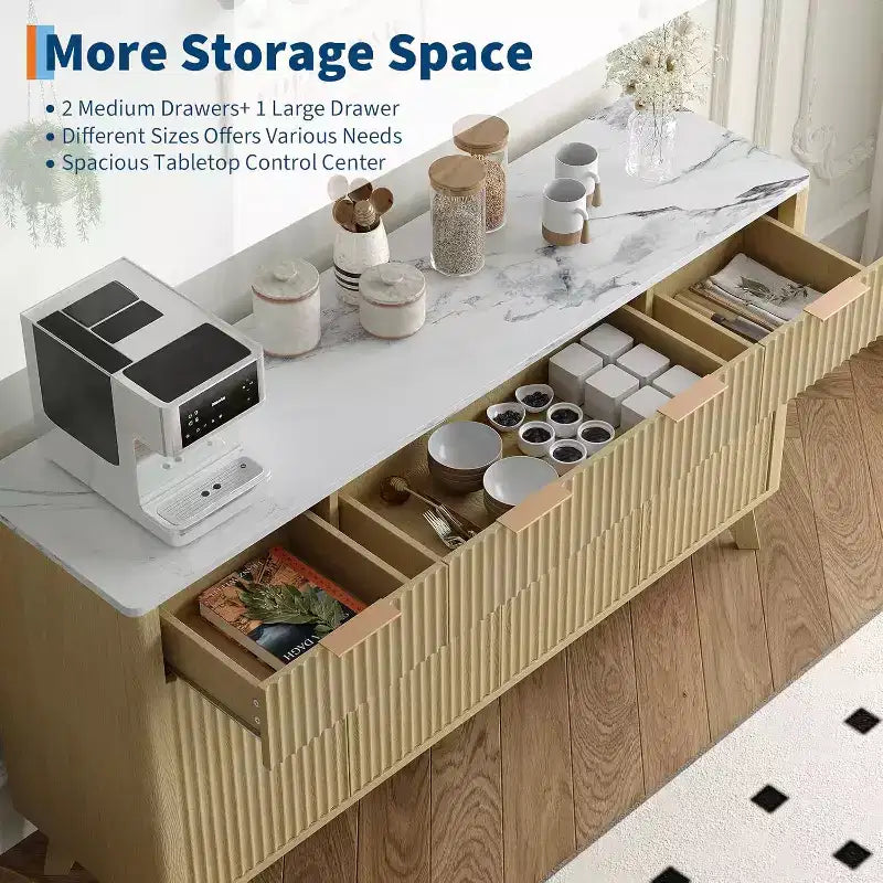 Meuble buffet de ferme de 152 cm, avec tiroirs de rangement, étagères réglables, meuble de rangement cannelé en bois, pour salon, cuisine