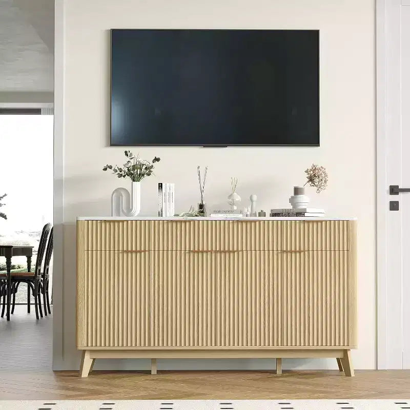 Meuble buffet de ferme de 152 cm, avec tiroirs de rangement, étagères réglables, meuble de rangement cannelé en bois, pour salon, cuisine