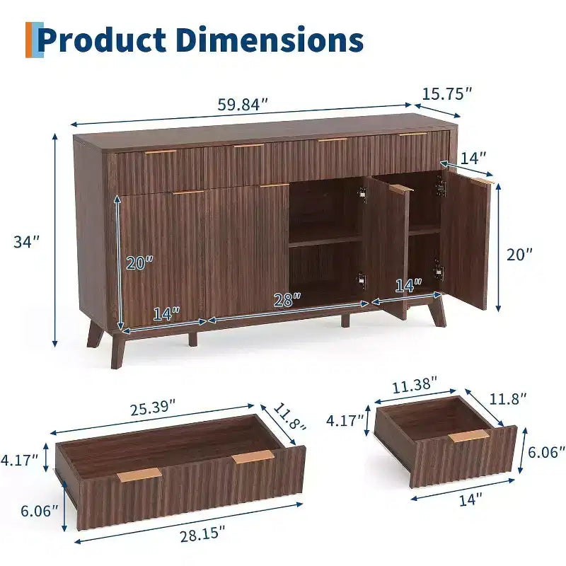 Meuble buffet de ferme de 152 cm, avec tiroirs de rangement, étagères réglables, meuble de rangement cannelé en bois, pour salon, cuisine