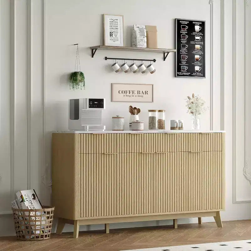 60 Farmhouse Sideboard Buffet Cabinet, Storage Drawers, Adjustable Shelves, Wood Fluted Buffet Storage Cabinet, for Living Room, Kitchen