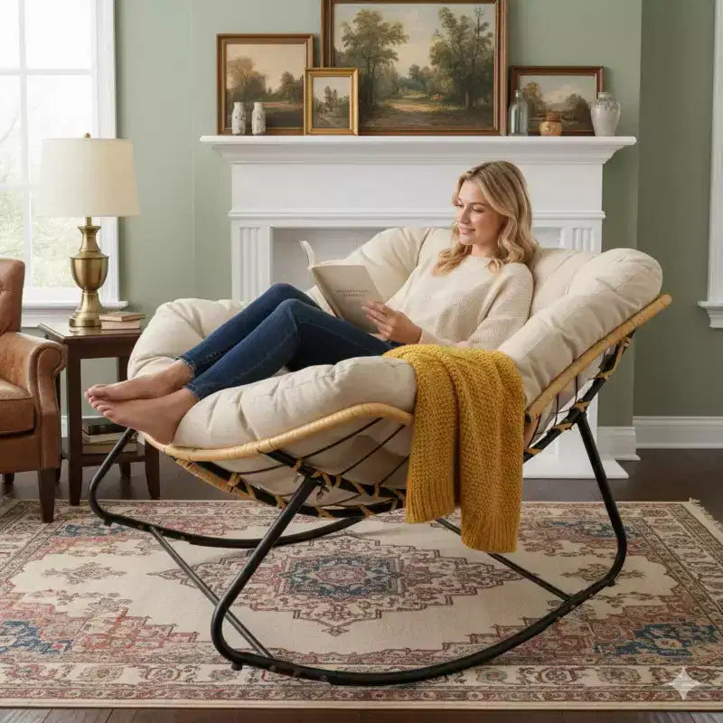 GDFStudio Enrika Fauteuil à bascule œuf moderne en rotin et métal avec coussin