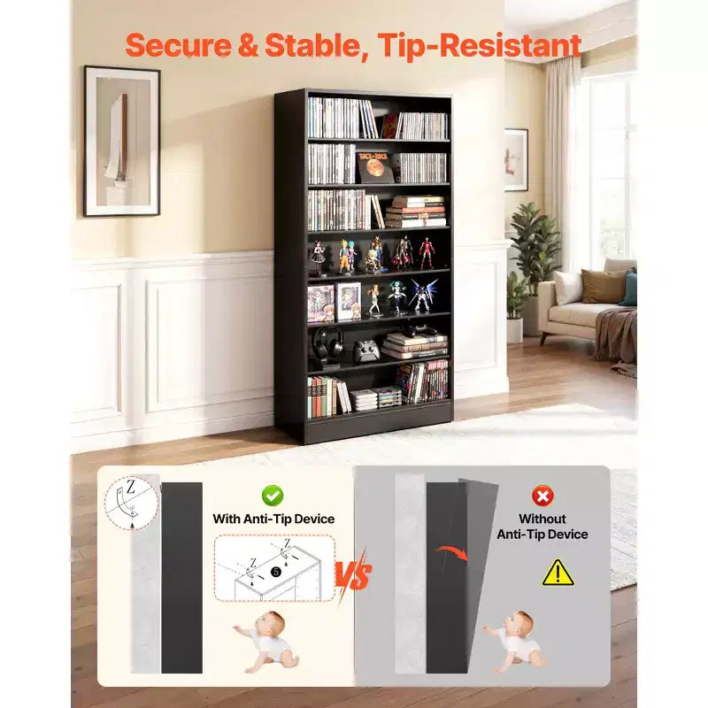 Meuble de rangement VEVOR pour médias, étagère DVD à 7 niveaux, organisateur de rangement multimédia de 69,9 x 30 x 140 cm pour CD, DVD, livres et jeux, noir