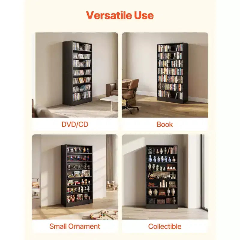 Meuble de rangement VEVOR pour médias, étagère DVD à 7 niveaux, organisateur de rangement multimédia de 69,9 x 30 x 140 cm pour CD, DVD, livres et jeux, noir