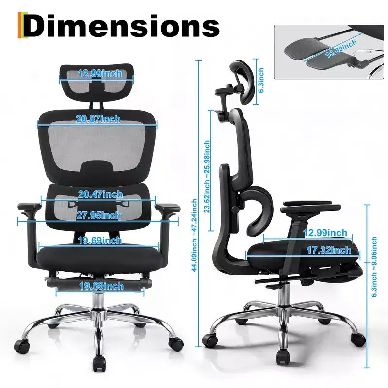 Chaise de bureau ergonomique en maille avec appui-tête 3D et soutien lombaire réglable, accoudoirs 4D relevables, dossier haut, siège d'ordinateur pivotant inclinable sur 3 niveaux, supporte jusqu'à 136 kg
