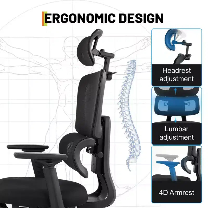 Chaise de bureau ergonomique en maille avec appui-tête 3D et soutien lombaire réglable, accoudoirs 4D relevables, dossier haut, siège d'ordinateur pivotant inclinable sur 3 niveaux, supporte jusqu'à 136 kg