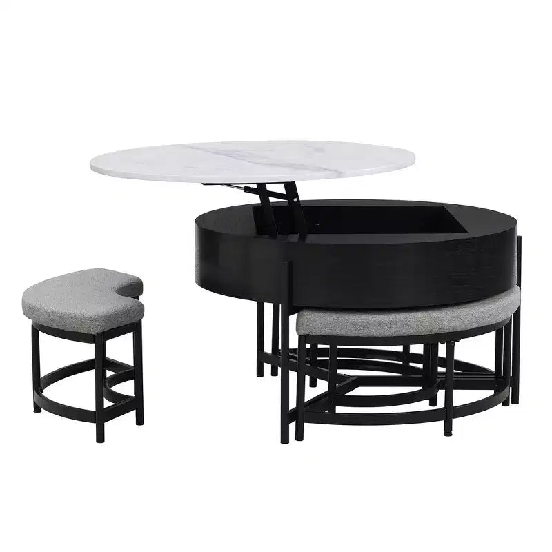 Table Basse Moderne Ronde Relevable Whisen avec Rangement Dissimulé et Ensemble de 3 Poufs