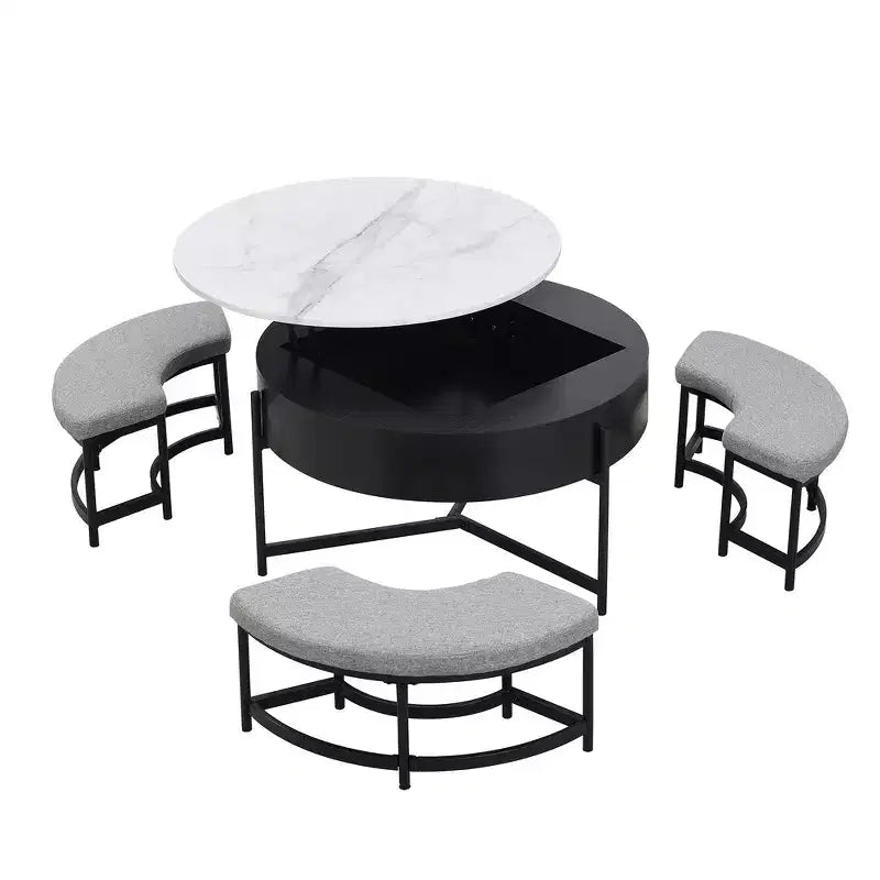 Table Basse Moderne Ronde Relevable Whisen avec Rangement Dissimulé et Ensemble de 3 Poufs
