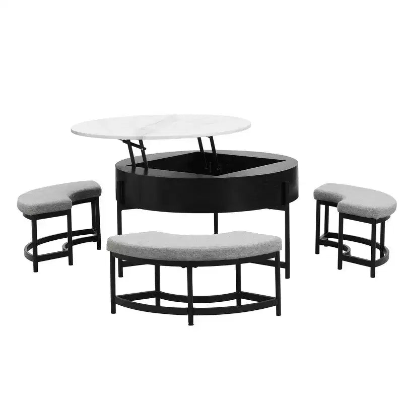 Table Basse Moderne Ronde Relevable Whisen avec Rangement Dissimulé et Ensemble de 3 Poufs