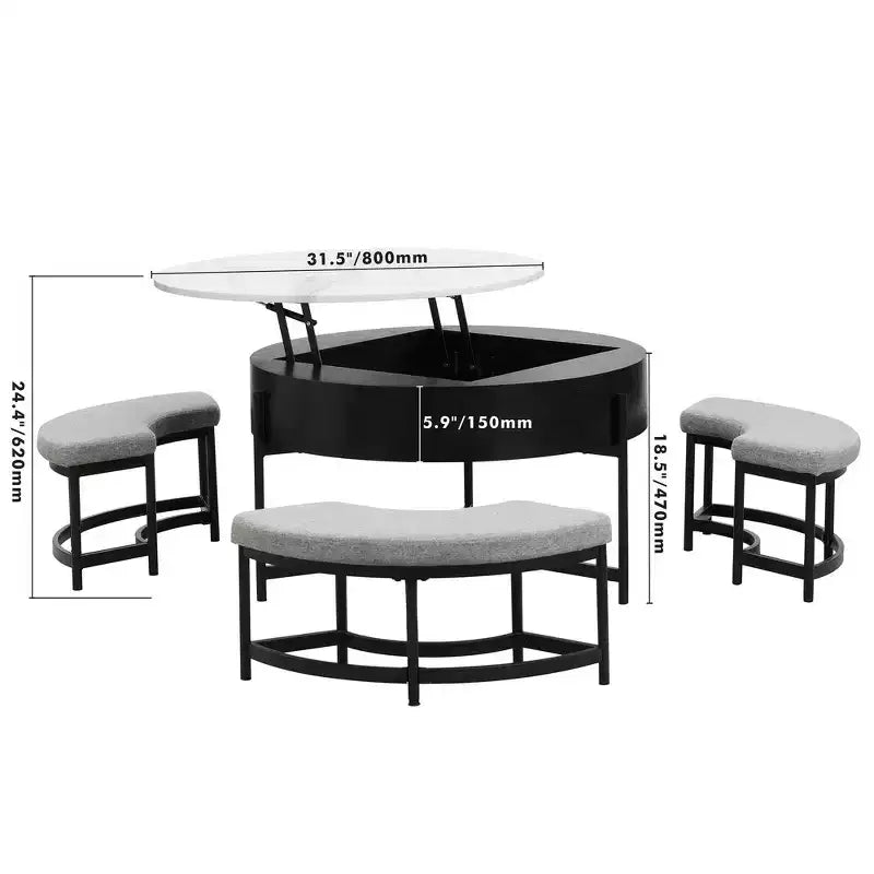 Table Basse Moderne Ronde Relevable Whisen avec Rangement Dissimulé et Ensemble de 3 Poufs
