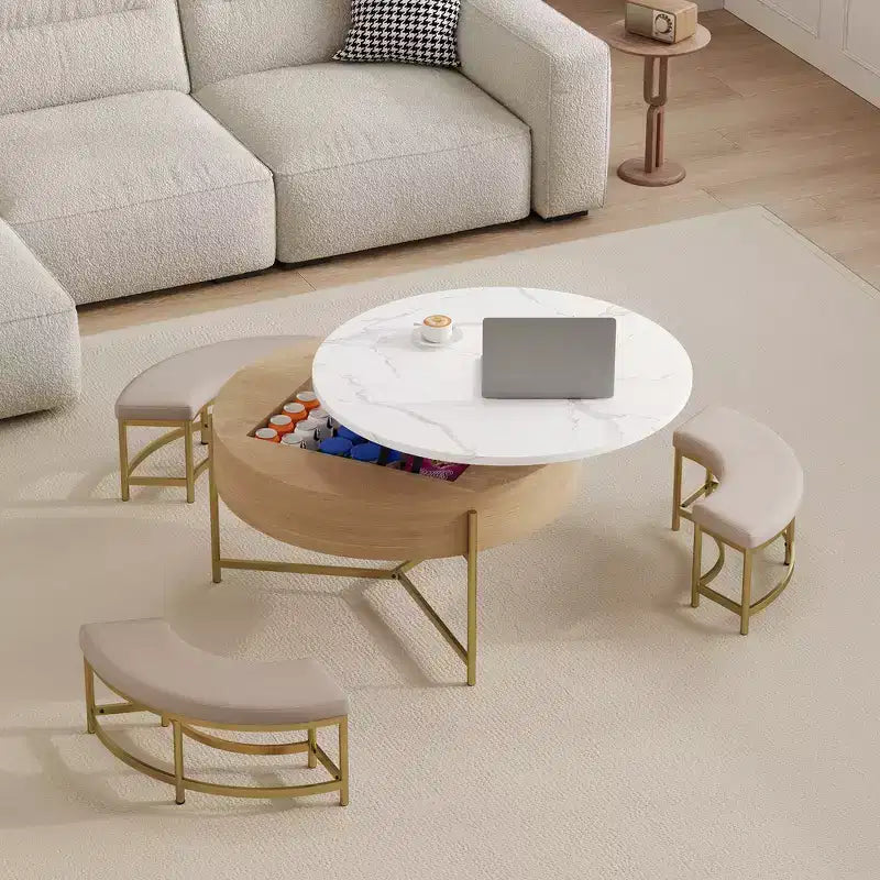 Table Basse Moderne Ronde Relevable Whisen avec Rangement Dissimulé et Ensemble de 3 Poufs