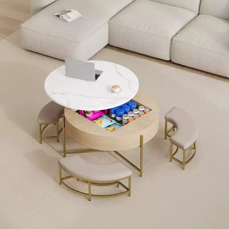 Table Basse Moderne Ronde Relevable Whisen avec Rangement Dissimulé et Ensemble de 3 Poufs