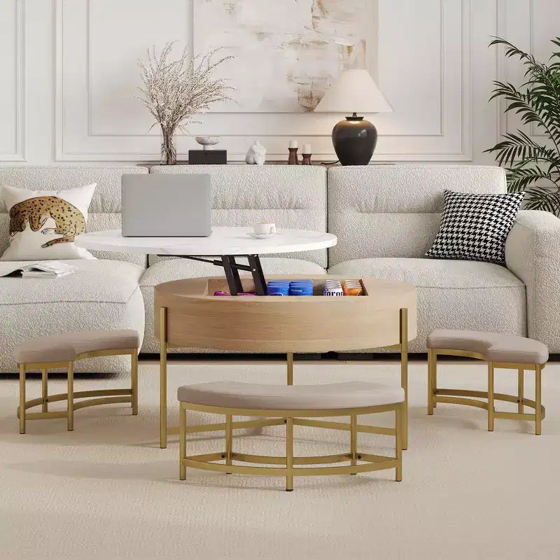 Table Basse Moderne Ronde Relevable Whisen avec Rangement Dissimulé et Ensemble de 3 Poufs