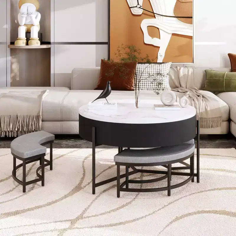Table Basse Moderne Ronde Relevable Whisen avec Rangement Dissimulé et Ensemble de 3 Poufs