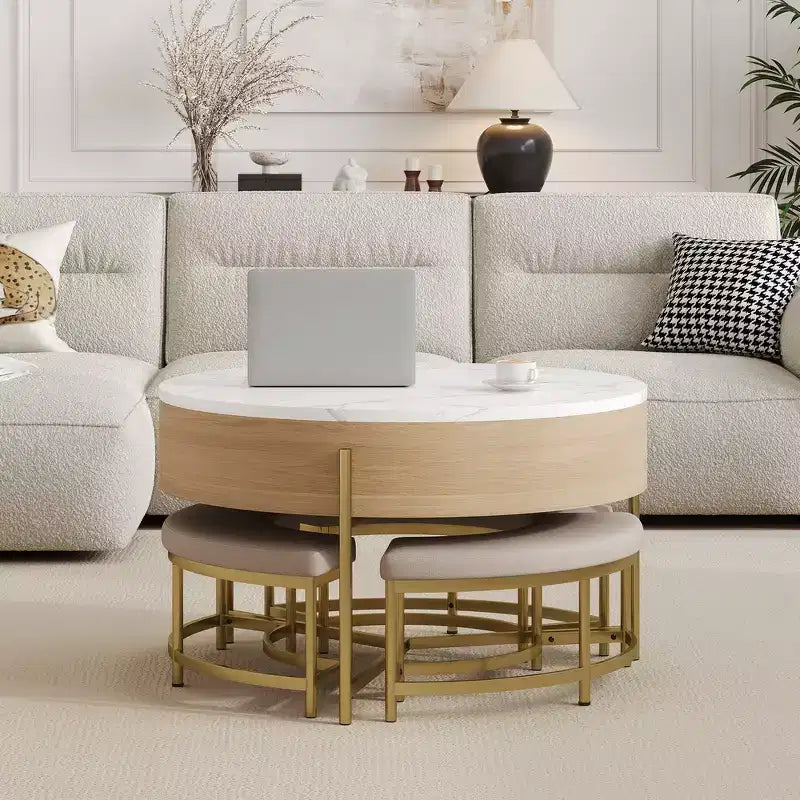 Table Basse Moderne Ronde Relevable Whisen avec Rangement Dissimulé et Ensemble de 3 Poufs