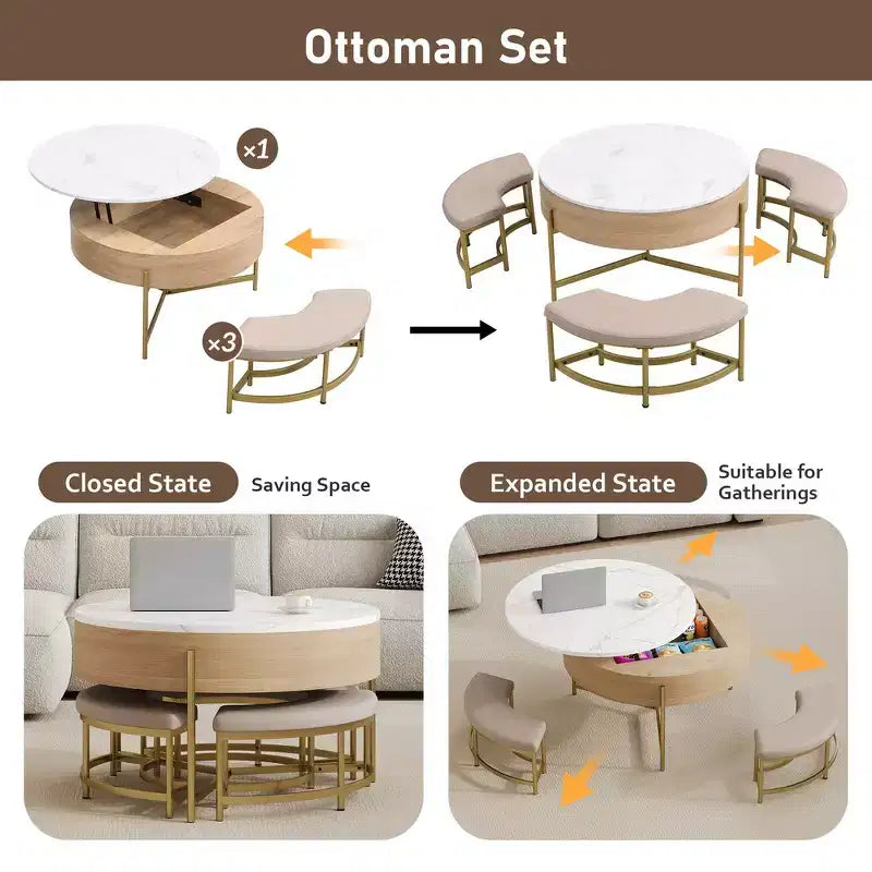Table Basse Moderne Ronde Relevable Whisen avec Rangement Dissimulé et Ensemble de 3 Poufs