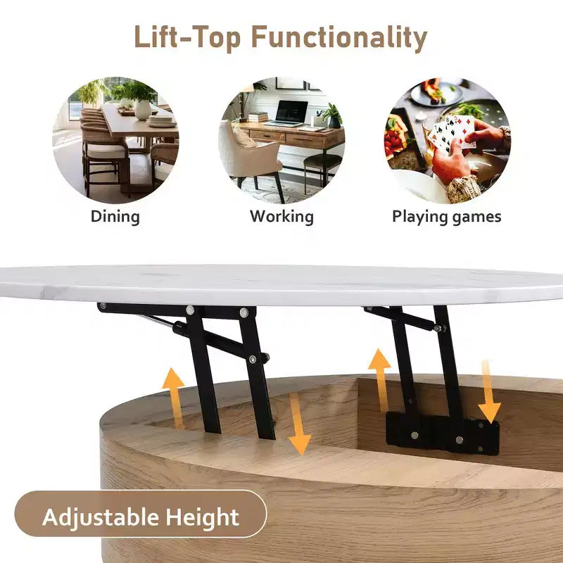 Table Basse Moderne Ronde Relevable Whisen avec Rangement Dissimulé et Ensemble de 3 Poufs