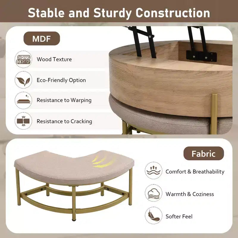 Table Basse Moderne Ronde Relevable Whisen avec Rangement Dissimulé et Ensemble de 3 Poufs
