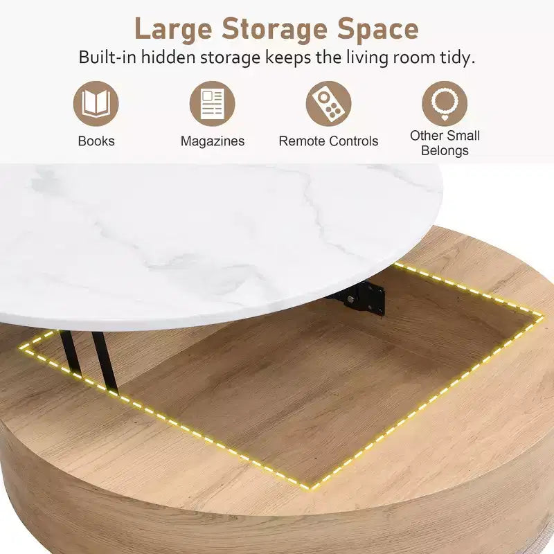 Table Basse Moderne Ronde Relevable Whisen avec Rangement Dissimulé et Ensemble de 3 Poufs