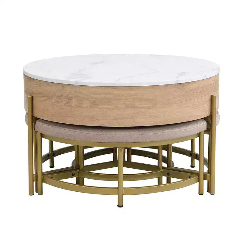 Table Basse Moderne Ronde Relevable Whisen avec Rangement Dissimulé et Ensemble de 3 Poufs