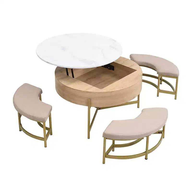 Table Basse Moderne Ronde Relevable Whisen avec Rangement Dissimulé et Ensemble de 3 Poufs