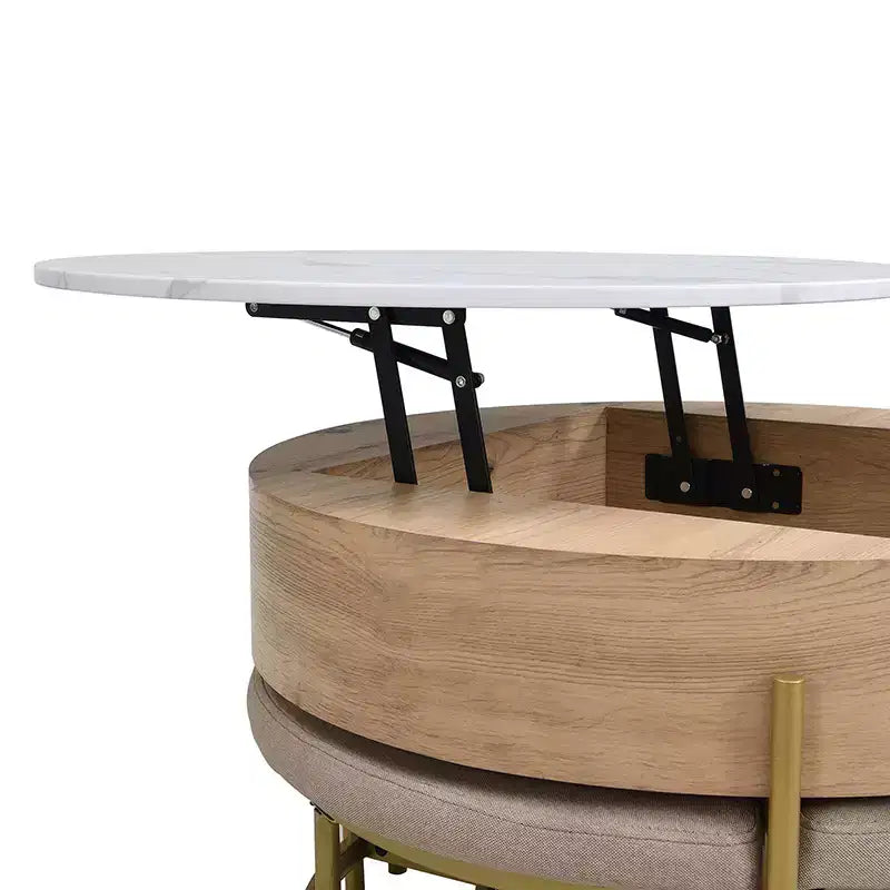 Table Basse Moderne Ronde Relevable Whisen avec Rangement Dissimulé et Ensemble de 3 Poufs