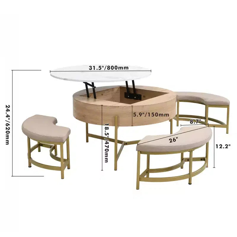 Table Basse Moderne Ronde Relevable Whisen avec Rangement Dissimulé et Ensemble de 3 Poufs