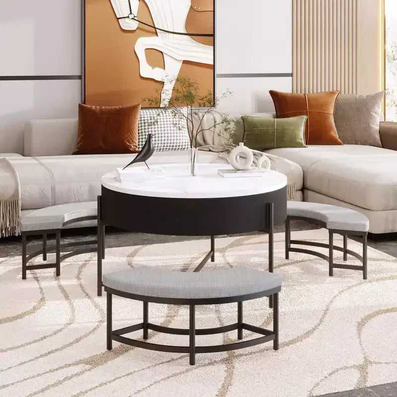 Table Basse Moderne Ronde Relevable Whisen avec Rangement Dissimulé et Ensemble de 3 Poufs