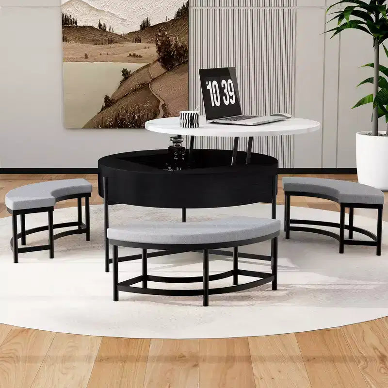 Table Basse Moderne Ronde Relevable Whisen avec Rangement Dissimulé et Ensemble de 3 Poufs