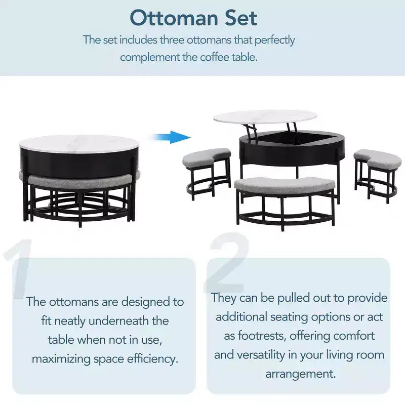 Table Basse Moderne Ronde Relevable Whisen avec Rangement Dissimulé et Ensemble de 3 Poufs