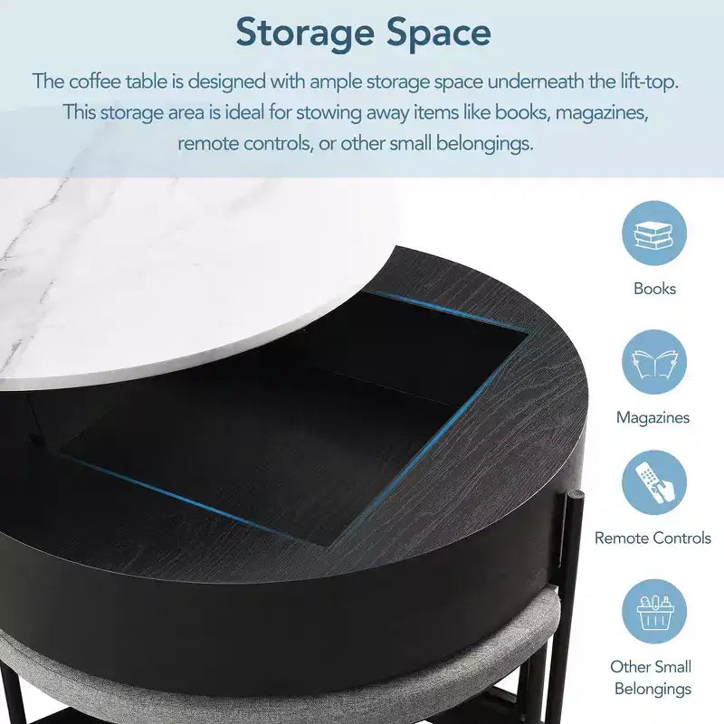 Table Basse Moderne Ronde Relevable Whisen avec Rangement Dissimulé et Ensemble de 3 Poufs