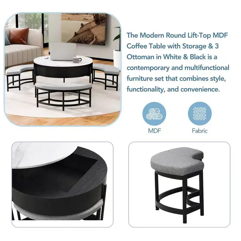 Table Basse Moderne Ronde Relevable Whisen avec Rangement Dissimulé et Ensemble de 3 Poufs