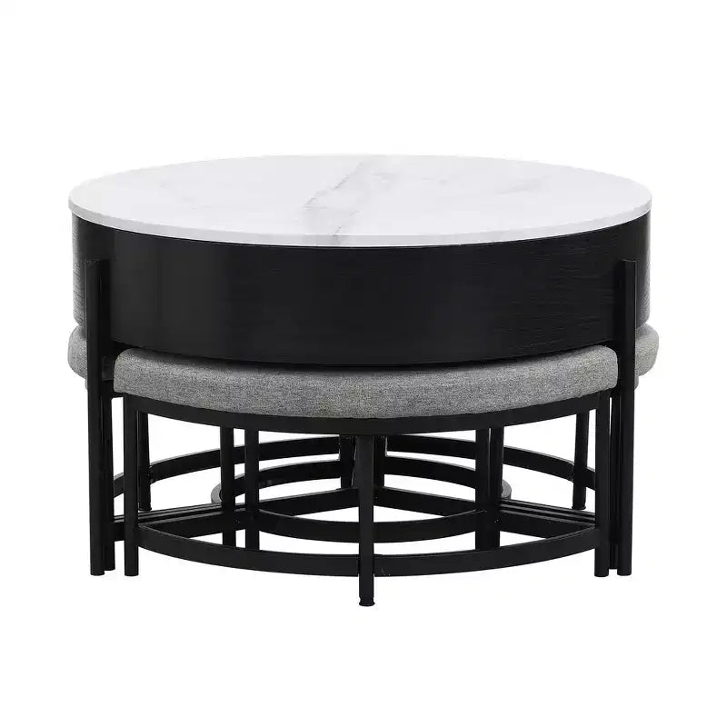 Table Basse Moderne Ronde Relevable Whisen avec Rangement Dissimulé et Ensemble de 3 Poufs